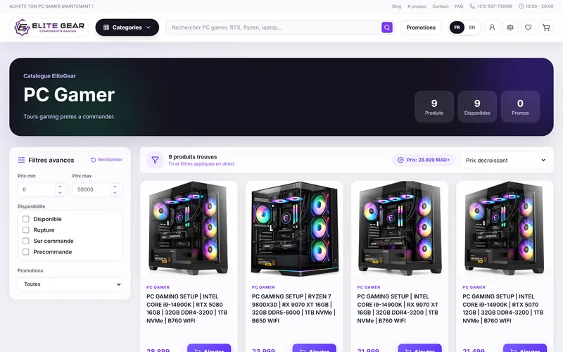 EliteGear: Gaming PC catalogue with category filters