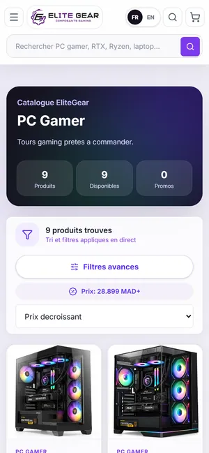 EliteGear: Gaming PC catalogue with category filters, mobile